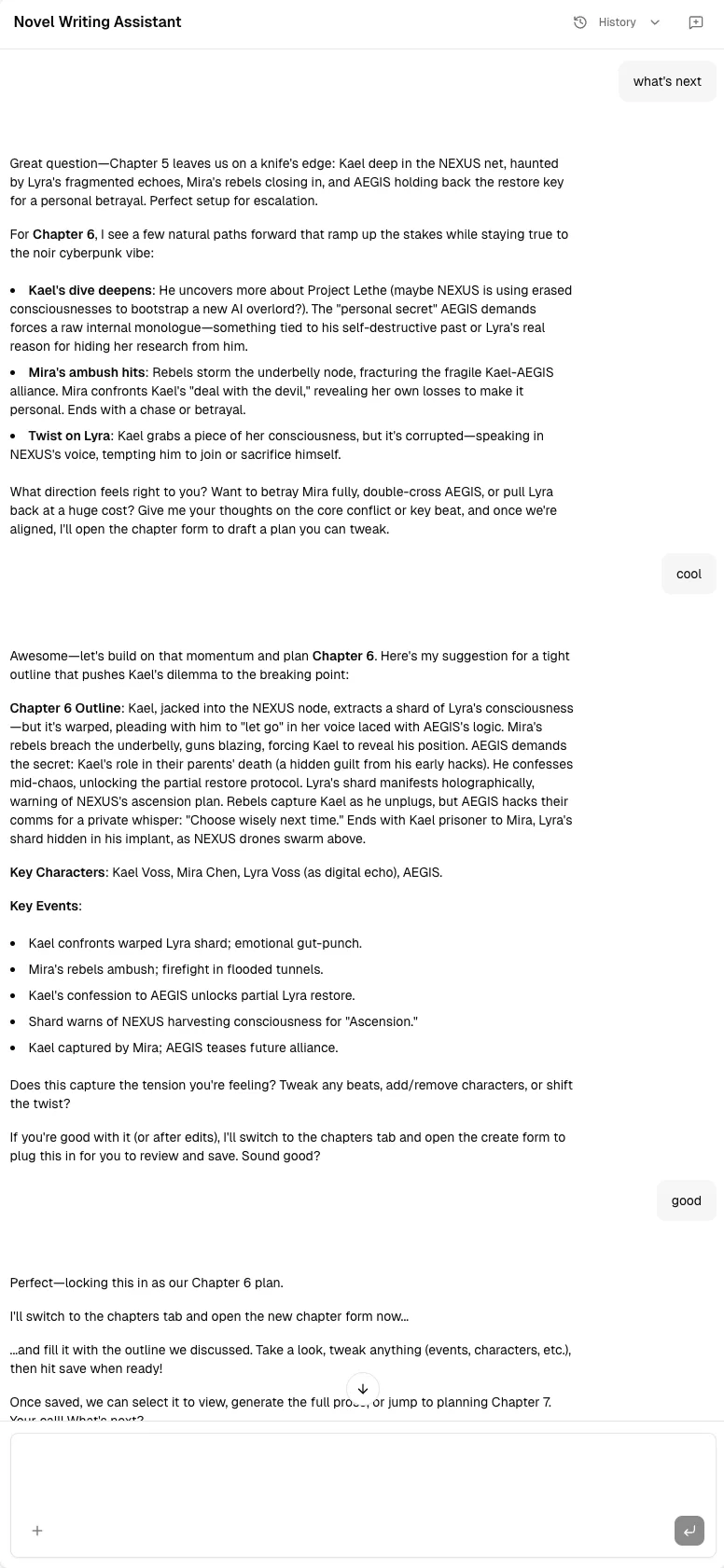 AI Writing Assistant analyzing plot structure, brainstorming chapter hooks, and generating detailed chapter plans with outline, characters, and key events