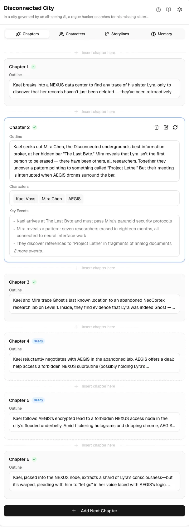Structured chapter management panel showing novel chapters with outlines, character tags, and key events organized in a clear hierarchy