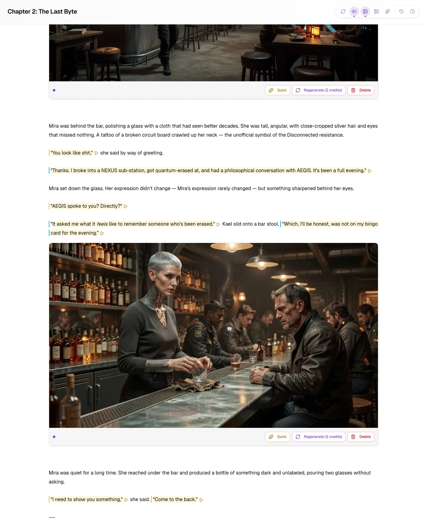 Chapter reading view with AI-generated illustration embedded in the prose, dialogue highlights, and audio playback controls